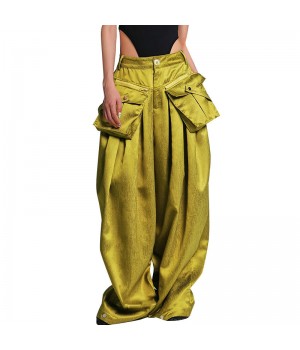 TWOTWINSTYLE New Desgin Spliced Pockets Zipper Wide Leg High Waist Loose Casual Trousers Women