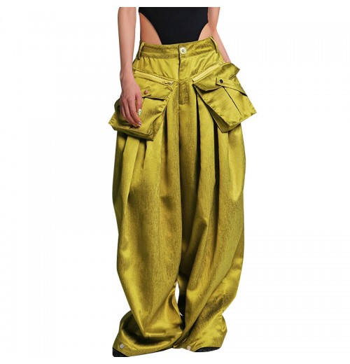 TWOTWINSTYLE New Desgin Spliced Pockets Zipper Wide Leg High Waist Loose Casual Trousers Women