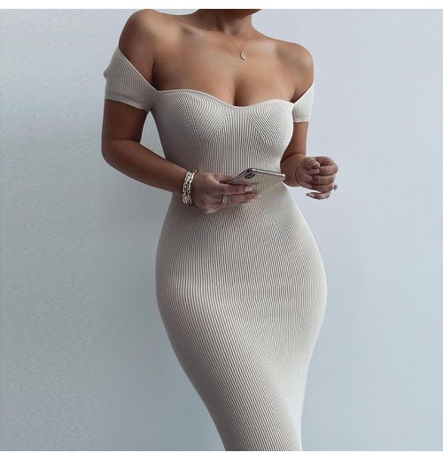 2024 Spring Hot selling Women's Wear New One Line Collar Ribbed Long Slim Fit Dress