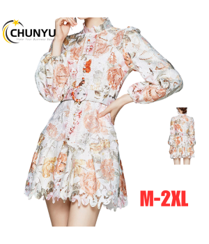 Women Clothing Fashion Spring Autumn Puff Sleeve Dress Long Sleeve Floral Dress Hollow Out Lace Ladies Dresses