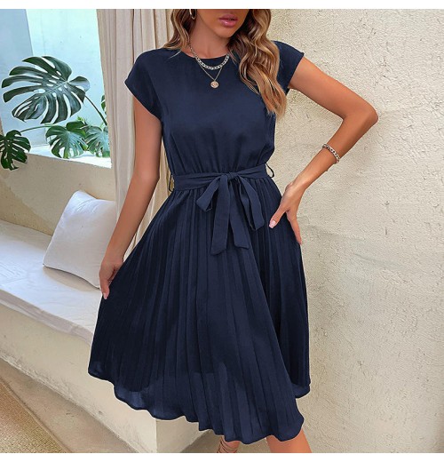 Fashion Ladies Long Summer Solid Color Dress Women Clothing Casual Dresses Women's Simple Pleated Dresses