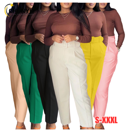 Women's Casual Slim Fit Solid Wide Leg Straight Pants Ankle Length High Waisted Elegant Pleated Trousers With Belt