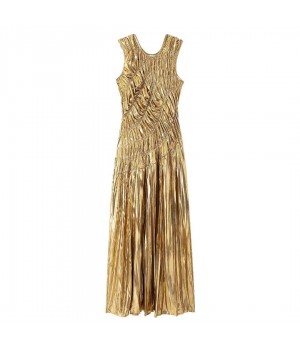 Women 2024 Summer New Fashion Golden Pleated Dress Vintage Casual Chic Female Dresses Vestidos Mujer