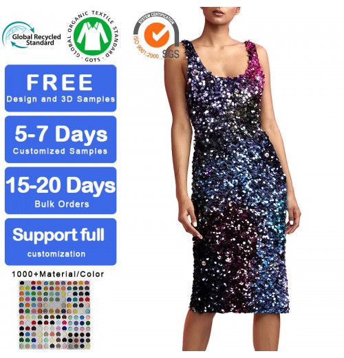 Custom Colorful Sequin Dress Women Sleeveless Midi Bodycon Dress Breathable All-Over Sequin Embroidery Dress for Parties