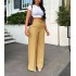 Cotton Summer Solid High-Waisted Skinny Fit Wide Leg Trousers with Elastic Waistband and Flat Front