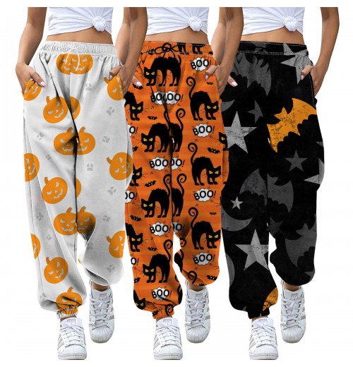 Women Halloween Cute Print Sweatpants High Waisted Drawstring Casual Pants Teen Girl Pajama Trousers with Pockets Ladies Trouser